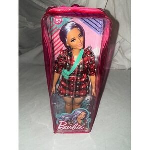Barbie Fashionista Doll 157 Curvy Brunette Purple Hair Plaid‎ Dress New In Box